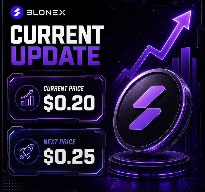 A 'Current Update' graphic for Blonex cryptocurrency showing a current price of $0.20 and a next price of $0.25 alongside a 3D coin logo.