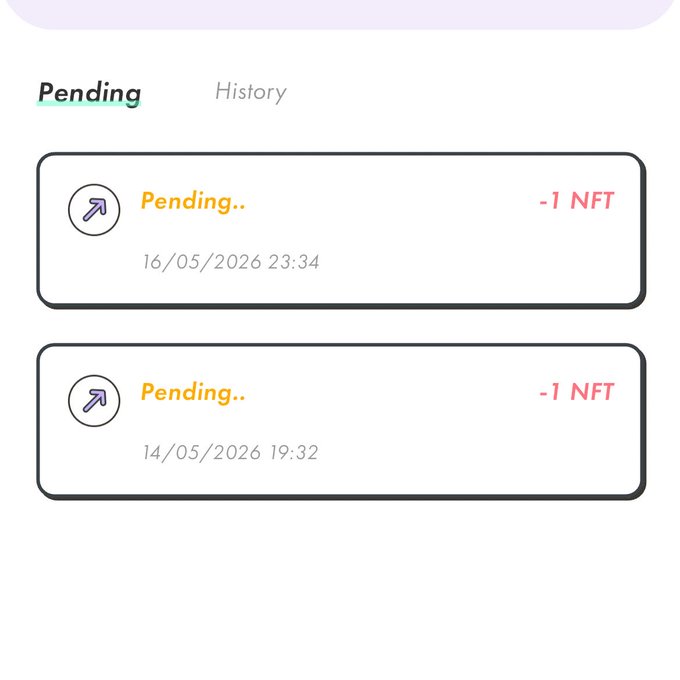 The image shows a screenshot of a social media post with two posts displayed side by side. The first post has a white background, black text, and an arrow pointing upwards. The second post also has a white background but contains red text that reads "Pending...". Both posts are related to the same topic or event, possibly about a recent purchase of cryptocurrency.