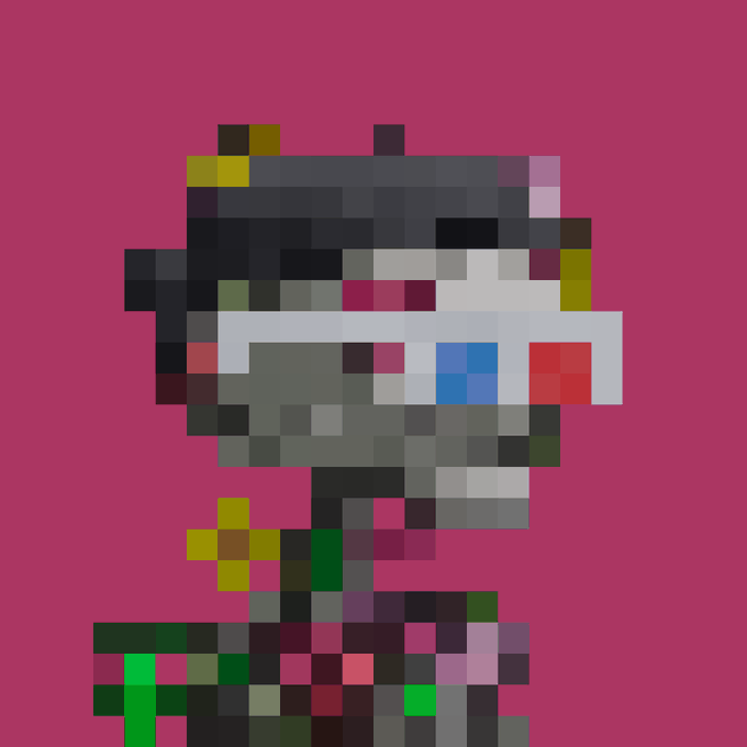 A heavily pixelated portrait of a character with colorful elements against a solid pink background.