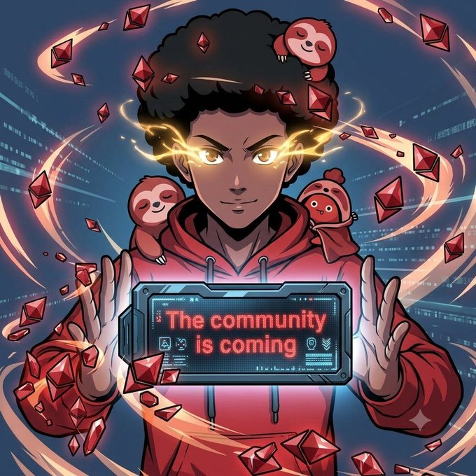 An anime-style illustration of a character with glowing eyes and red sloths, surrounded by floating red crystals, holding a digital display reading 'The community is coming'.