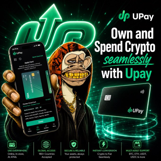 A stylized monkey character wearing a gold chain and dark hoodie holds a smartphone displaying the UPay app's "Apply Card" screen for a Premier Virtual Card, alongside a physical UPay card, with bold messaging reading "Own and Spend Crypto seamlessly with Upay" highlighting features like 180+ country acceptance and support for BTC, ETH, USDT, and USDC. The promotional image directly illustrates the post's point by showcasing how UPay bridges the gap between holding crypto and actually using it in daily transactions.