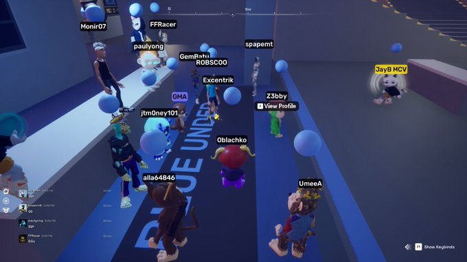 Another view of the Blue Kingdoms virtual world with multiple player usernames visible including 'alla64846', 'Monir07', 'FFRacer', and others in a blue-themed arena.