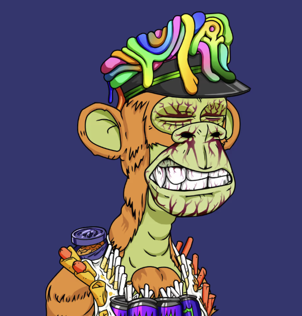 A cartoon NFT-style illustration of a grumpy ape wearing a colorful dripping hat and eating a slice of pizza.