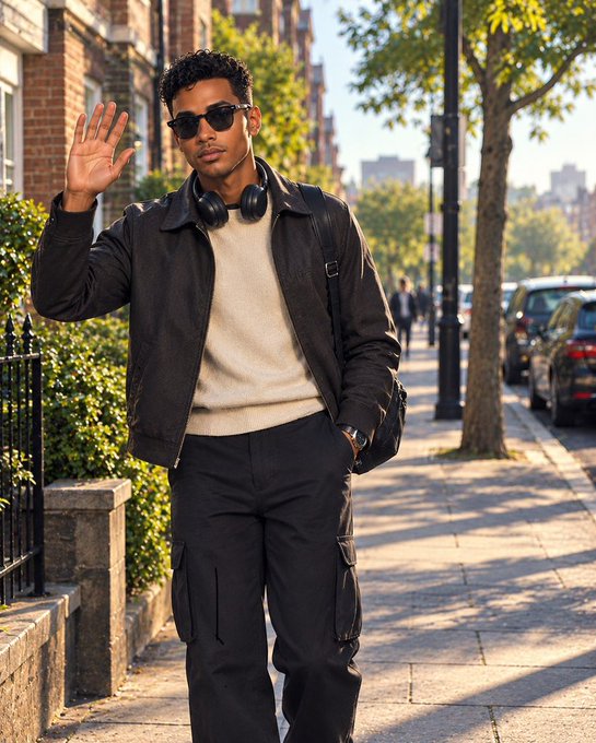 A young man with short curly hair, sunglasses, and headphones around his neck stands on a sunny city sidewalk, wearing a black jacket and cargo pants and waving at the camera.