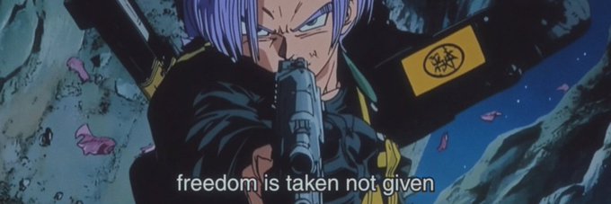 An anime scene featuring a purple-haired character aiming a gun directly at the camera, with the subtitle 'freedom is taken not given' visible at the bottom.