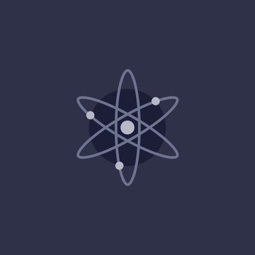 A minimalist logo featuring an atom-like design with orbiting rings and dots is centered on a dark blue background.
