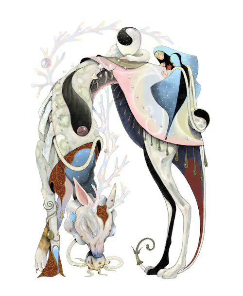 A surreal digital artwork featuring an abstract, elongated creature with a human-like eye, decorative patterns, and floral elements in pastel colors.
