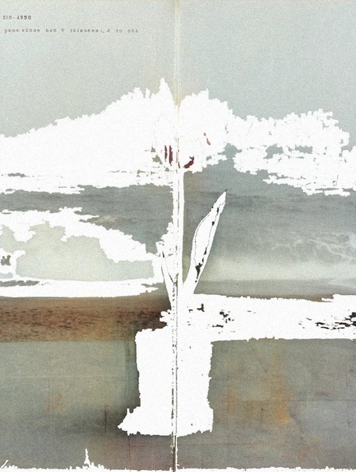 The image features a painting of a flower with white petals, set against a blue sky background. The painting has been cut into two pieces, one larger than the other, creating an interesting visual effect. The text "EData.03 0.12 ETH Available on Transient Labs" is present in the image, which suggests that this artwork might be part of a collection or exhibition at a gallery or museum.