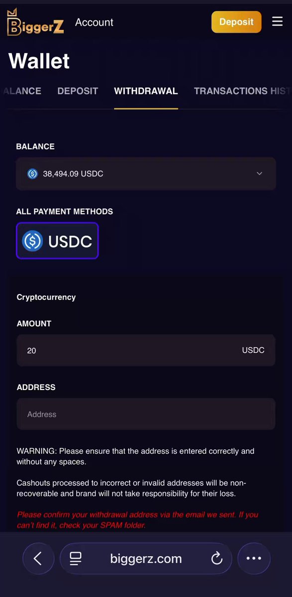 The image shows a cell phone screen displaying a page with information about a Bitcoin wallet. The main focus of the image is a message box that reads "WARNING! Cash was sent from your wallet to @biggerzofficial Bruhhh". This message warns the user that their Bitcoin wallet has been emptied by someone else, possibly due to a transaction gone wrong or an attempt at stealing funds.