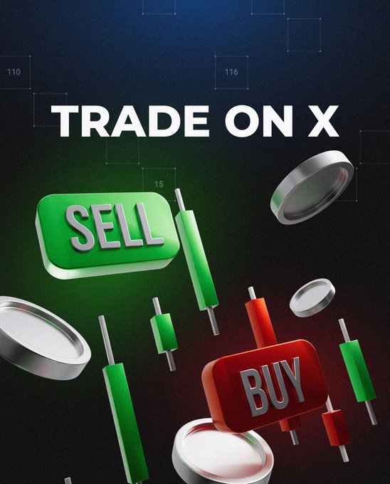 A promotional graphic titled 'TRADE ON X' featuring 3D-rendered green SELL and red BUY buttons floating among silver coins and candlestick chart elements on a dark background.