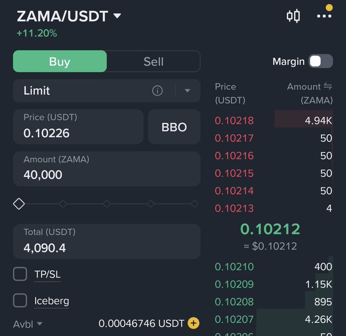 A cryptocurrency trading interface showing a ZAMA/USDT limit buy order at price 0.10226 for 40,000 ZAMA, with +11.20% gain shown.