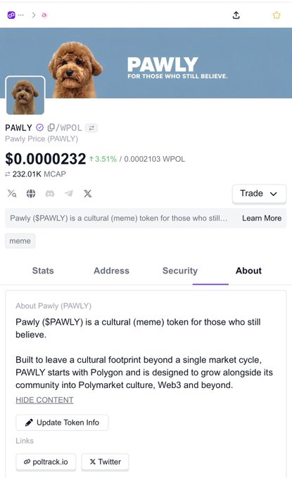 A cryptocurrency tracking page for PAWLY token (ticker: /WPOL) showing a price of $0.0000232 with a 3.51% increase, 232.01K market cap, and description 'Pawly (SPAWLY) is a cultural (meme) token for those who still believe.'