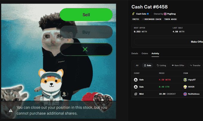 An NFT marketplace interface for "Cash Cat #6458" showing Sell/Buy buttons overlaid on a meme image, with details including a best offer of 0.533 WETH and last sale of 4.50 WETH.