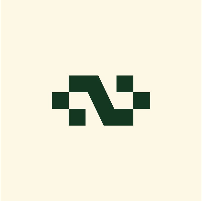 A pixelated dark green "N" logo centered on a cream background, representing the "$NOTHING" token project launching at 16:00 UTC as referenced in the accompanying post.