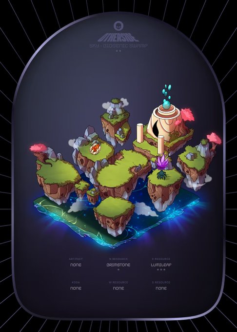 A stylized digital artwork of an isometric, low-poly floating island diorama featuring grassy platforms, a volcano, and blue energy beams, titled 'SKY - oceanic swamp' by artists brimstone and luminous_leaf.