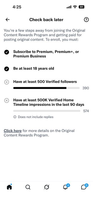 A mobile screenshot of a Twitter 'Check back later' eligibility screen showing requirements for the Original Content Rewards Program, with only 390 followers and 574 verified impressions out of the required 500+.
