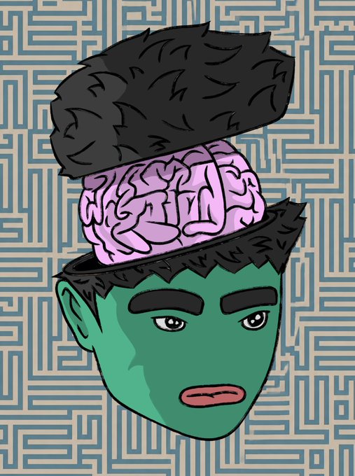 Cartoon illustration of a green-skinned person with an exposed pink brain between two floating black hair sections, set against a maze background.