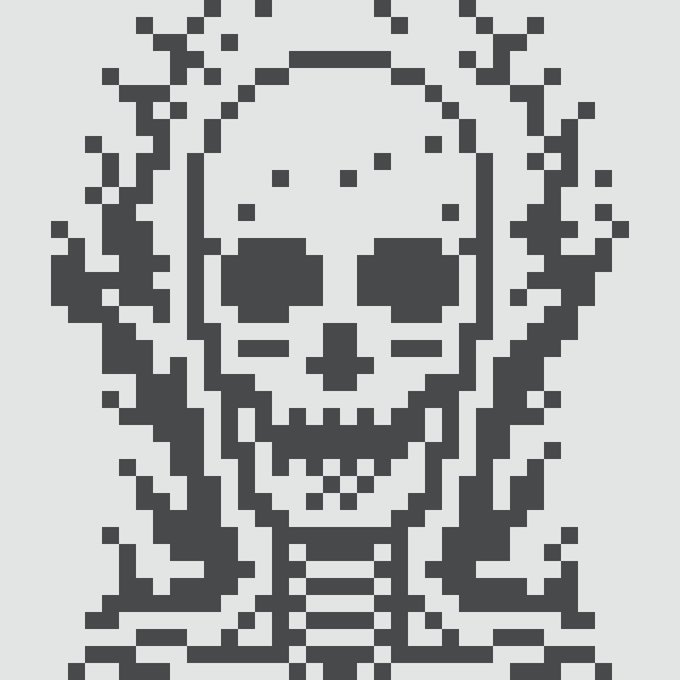 A pixel art skeleton wearing sunglasses, appearing as a Normies NFT collectible in the style popularized by the Normie collection, with the user showcasing their new digital art acquisition.