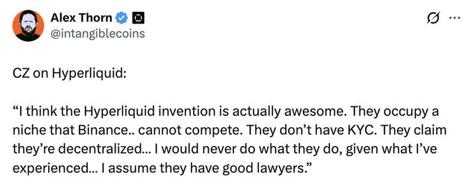 The image shows a white background with black text. The text reads "CZ on Hyper Liquid: I think the Hyper liquid invention is actually awesome. They occupy a niche that Binance cannot compete in, noting that the".