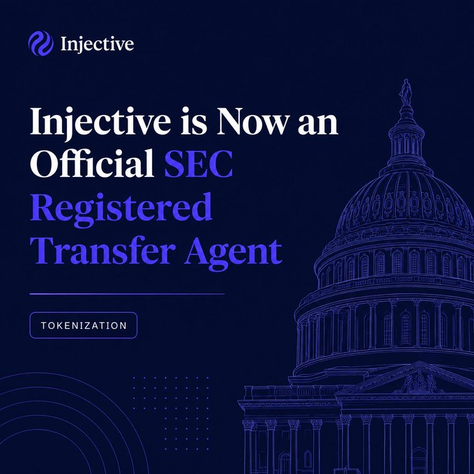 A promotional graphic for Injective featuring a blue line-art illustration of a domed government building, announcing 'Injective is Now an Official SEC Registered Transfer Agent' with a 'TOKENIZATION' label below.