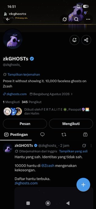 An X (Twitter) profile page for 'zkGHOSTS' (@zkghosts) promotes proving 10,000 faceless ghosts on Zcash, with posts referencing @Zcash.