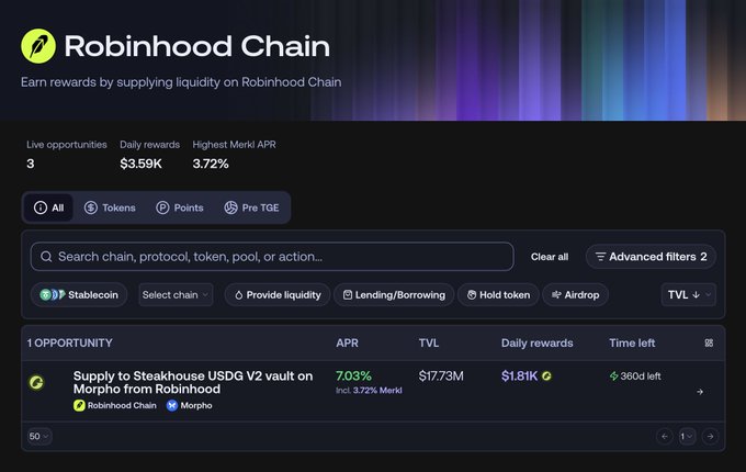 Screenshot of the Robinhood Chain interface showing a liquidity supply opportunity to 'Steakhouse USDC V2 vault on Morpho from Robinhood' with 7.03% APR, $17.73M TVL, and 360 days left.