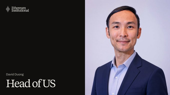 A professional headshot of David Duong, smiling in a navy blazer and light blue shirt, alongside text identifying him as "Head of US" for Ethereum Institutional, corresponding with his announcement of joining the organization in that role.