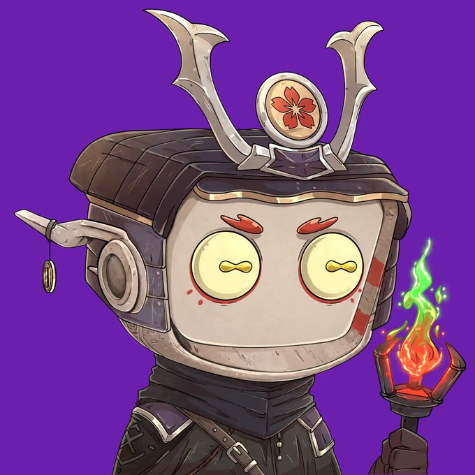 A cartoonish robot character with a horned helmet and glowing yellow eyes holds a green-flamed torch against a purple background. The ornate, anime-style headpiece and dark samurai-like armor suggest the image depicts a collectible figure or character—aligning with the post's declaration of being a collector.