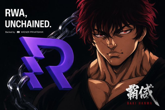 The image features an anime character with red hair wearing a black outfit against a dark background. The character has a serious expression, giving off an intense vibe. Below the character's head, there is a purple logo that reads "RWA, UNCHAINED." This suggests that the image might be related to a post about the evolution of financial systems or the rise of cryptocurrencies like Bitcoin. The character and the logo are both in black color, which further emphasizes their importance within the context of the post.