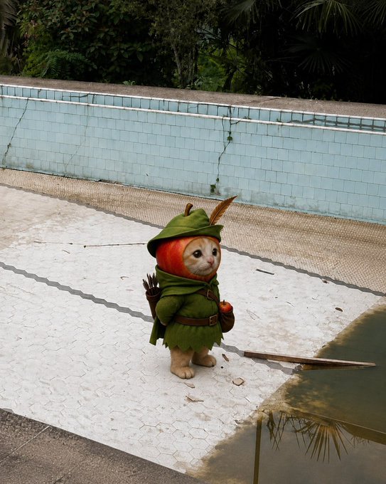 A small cat dressed as Robin Hood stands by the edge of an empty, cracked pool, ready to "fill up" it with an apple and a quiver of arrows. The scene humorously plays on the crypto project post, suggesting the feline hero will rescue the abandoned pool with meme-worthy determination.