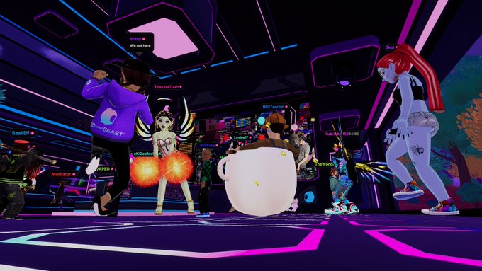 A screenshot from a virtual reality/metaverse social platform showing various animated avatars dancing in a neon-lit club environment with usernames visible above characters like 'Giorgio', 'Emily', and 'Billet'.