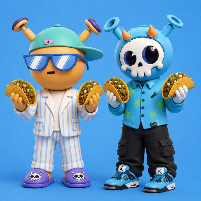 Two 3D-rendered cartoon characters against a blue background, one wearing a cap and sunglasses with striped pajamas, the other in a skull hoodie, both holding tacos.