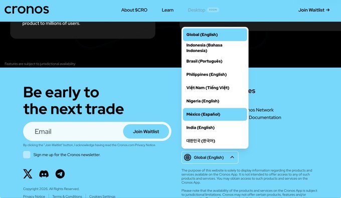The image features a Cronos website with a blue header and footer, giving a fresh look and easy navigation for users worldwide. The main focus of the image is a screenshot that highlights an option or button designed to improve its accessibility by offering multiple languages on the web page. This feature caters specifically to international audiences and ensures that Cronos' content can be understood and utilized by people from different countries, thereby making it more inclusive and useful for a global audience. The caption provided by the image emphasizes the main point of providing localized experiences on the website for diverse communities around the world.
