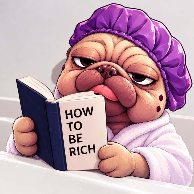 A digital illustration of a grumpy-looking pug wearing a purple shower cap and bathrobe while reading a book titled 'HOW TO BE RICH' in a bathtub.