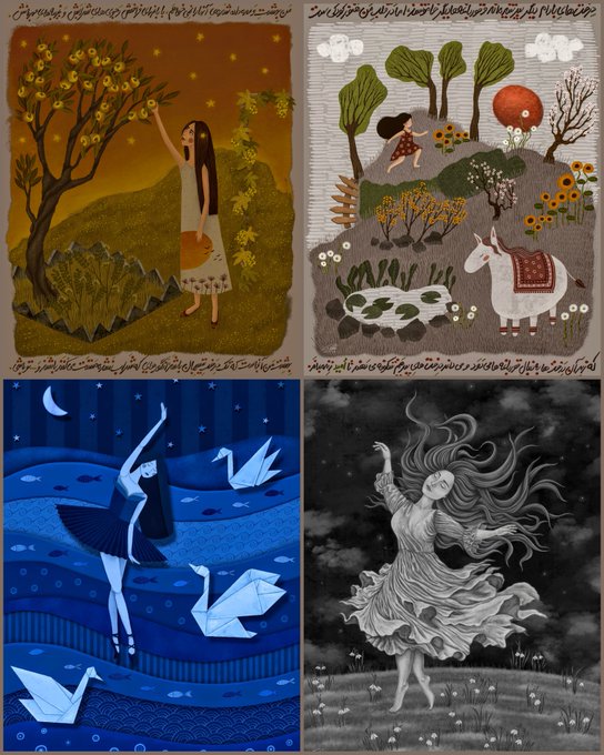 A collage of four stylized, whimsical illustrations featuring a girl picking flowers, a girl with a unicorn, a ballerina with origami swans, and a figure with long flowing hair, each accompanied by text in a foreign script.