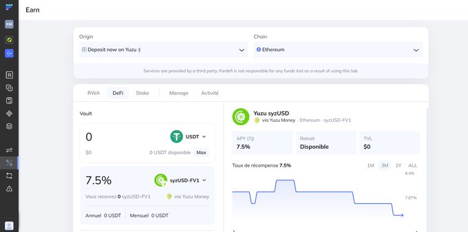 A screenshot of a financial "Earn" platform shows a deposit interface for Yuzu Money on the Ethereum chain, displaying a 7.5% APY for the Yuzu syrUSD vault.