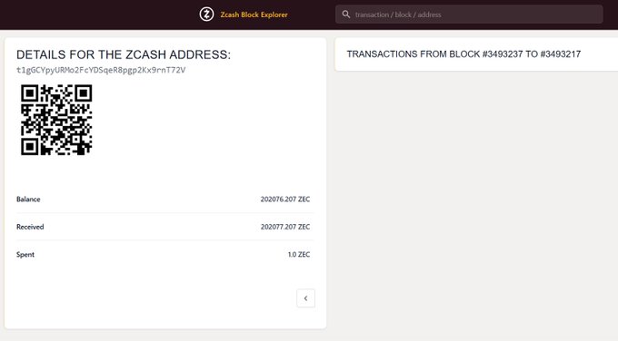 A Zcash Block Explorer page displaying details for a Zcash address, showing a balance of 20.202076.207 ZEC received and 1.0 ZEC spent, alongside a QR code and a list of recent transactions.
