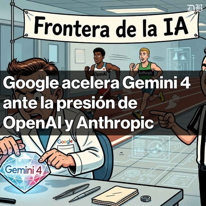 An illustration showing runners labeled 'OpenAI' and 'Anthropic' racing, while a Google scientist examines a 'Gemini 4' diamond, with text: 'Google acelera Gemini 4 ante la presión de OpenAI y Anthropic'.
