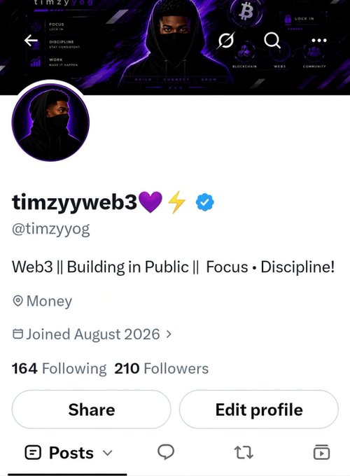 A social media profile page for 'timzyyweb3' (@timzyyog) with the bio 'Web3 || Building in Public || Focus • Discipline!', showing 164 Following and 210 Followers.