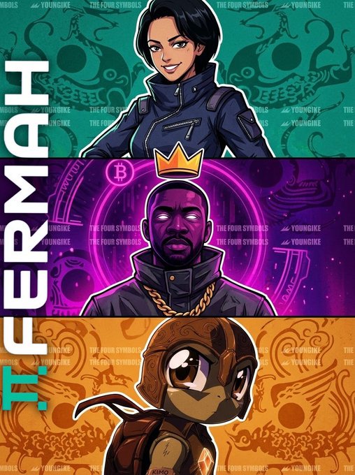 A vertical promotional poster titled 'FERMH' displays three illustrated characters against colored backgrounds (teal, purple, orange) with 'THE FOUR SYMBOLS' and 'YOUNGIIKE' branding watermarked throughout.