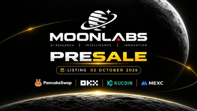 A promotional banner for 'MOONLABS PRESALE' with the tagline 'AI RESEARCH | INTELLIGENCE | INNOVATION', listing date '02 OCTOBER 2026' and partner exchanges PancakeSwap, OKX, KuCoin, and MEXC.