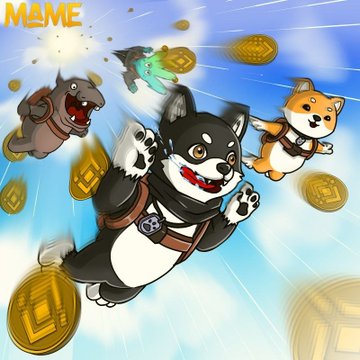 A cartoon illustration of Shiba Inu dogs skydiving among gold coins, labeled 'MEME' in the top-left corner.