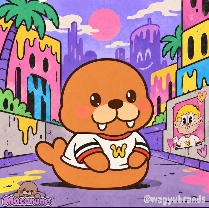 A colorful cartoon illustration of a chubby orange beaver character wearing a white shirt with a yellow 'W' logo, set in a vibrant urban backdrop with palm trees and a 'Macarune' watermark.