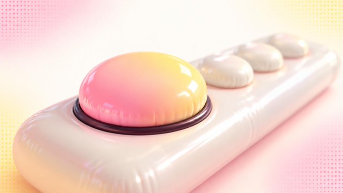 A 3D-rendered illustration of a retro game controller with a pink and yellow gradient button, set against a soft pastel background.