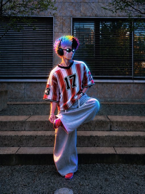 A person with colorful rainbow hair, sunglasses, and a #17 striped jersey poses on stone steps in an edgy streetwear outfit.