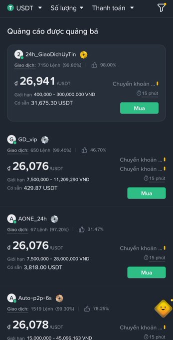 A mobile cryptocurrency trading interface in Vietnamese showing USDT ads with prices around 26,941 to 26,078.