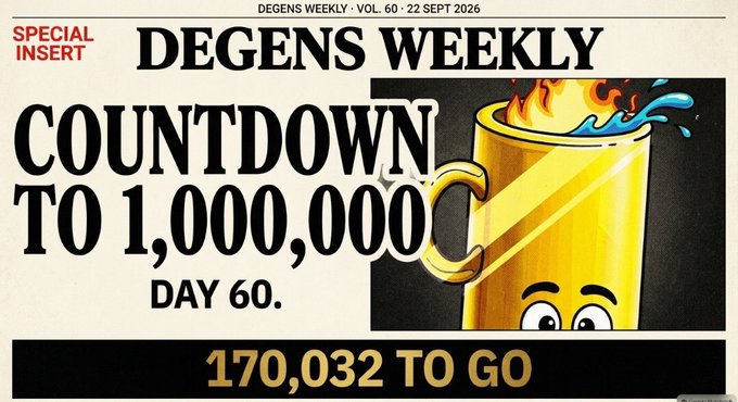 A 'Degens Weekly' newspaper-style graphic titled 'COUNTDOWN TO 1,000,000 - DAY 60' with '170,032 TO GO' at the bottom.