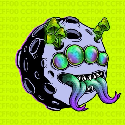 A colorful cartoon illustration of a purple moon-like creature with green mushrooms on its head, large iridescent eyes, and tentacles, set against a yellow 'CCFOO' patterned background.