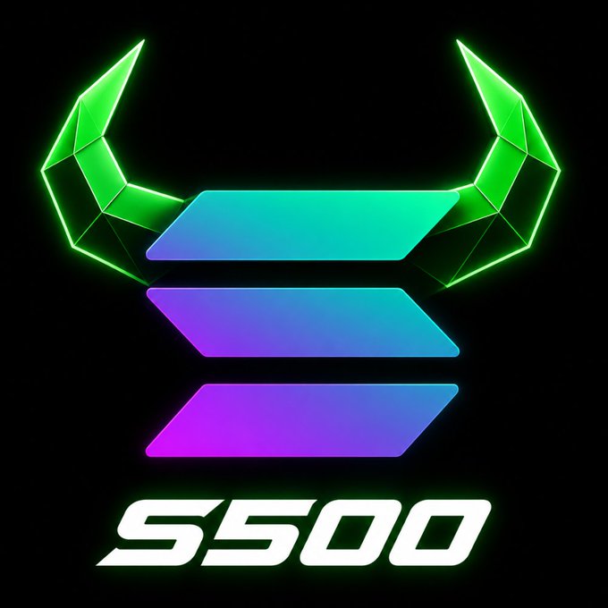A glowing green and purple horned logo with three horizontal gradient bars and the text 'S500' beneath it on a black background.