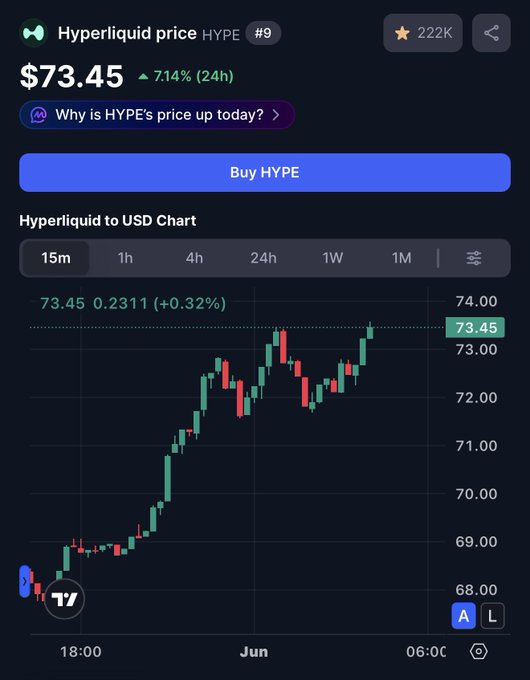 In the image, there is a chart displaying the price of hyped digital currency (#HYPE) over time. The hyped cryptocurrency has been consistently increasing in value with a recent increase of $71.45 (from $63.56 in the morning). This chart helps viewers track and understand the fluctuations in value over the course of the day, which is essential for potential investors or crypto enthusiasts to make informed decisions about buying or selling digital currency.